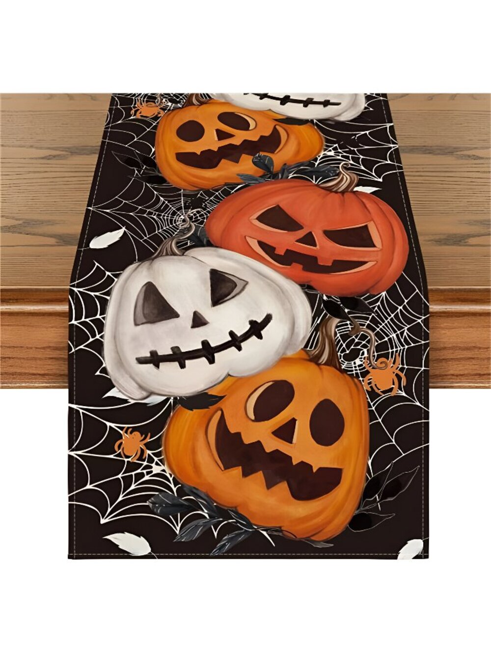 Black Pumpkins Spider Web Halloween Table Runner, Seasonal Fall